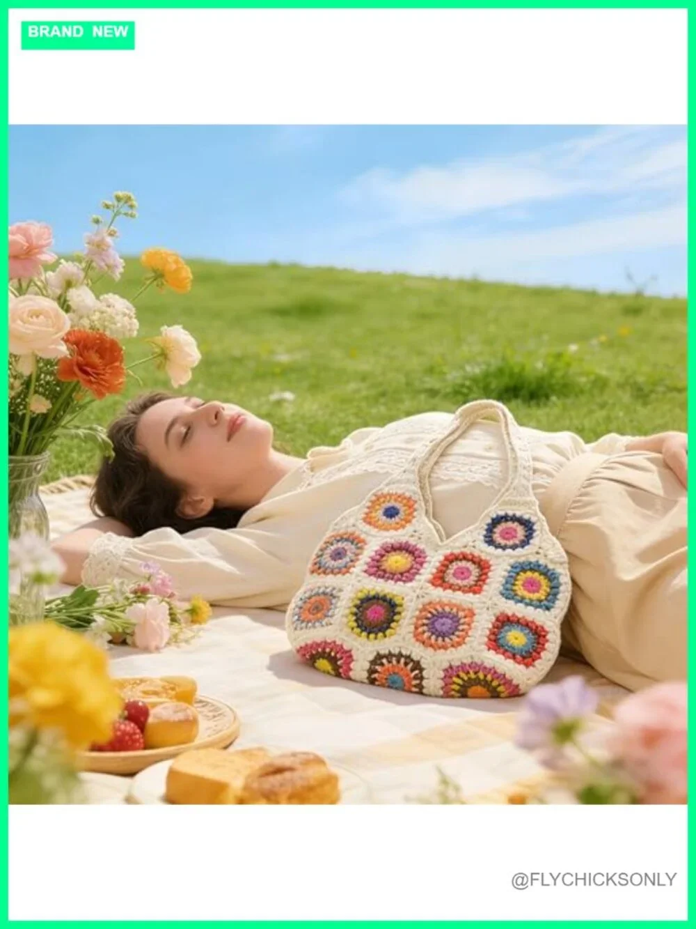 Handmade Crochet Granny Square Hobo Bag Boho Tote Large Cotton Market